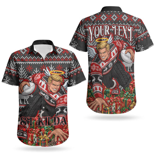Personalized St Kilda Football Christmas Couples Matching Off The Shoulder Long Sleeve Dress and Hawaiian Shirt Australian Football Mascot - Ugly Xmas Pattern Festive