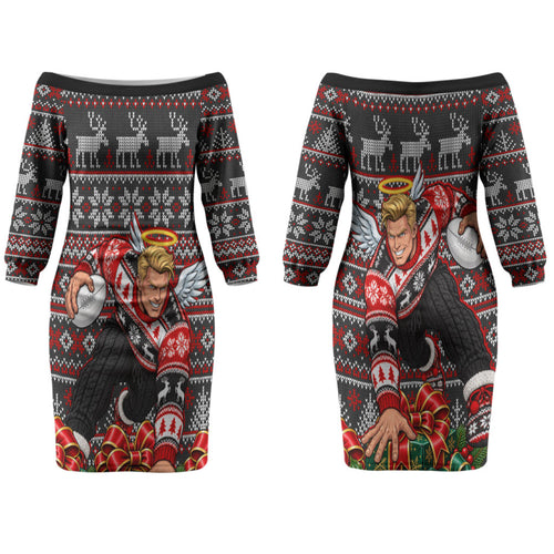 Personalized St Kilda Football Christmas Couples Matching Off The Shoulder Long Sleeve Dress and Hawaiian Shirt Australian Football Mascot - Ugly Xmas Pattern Festive