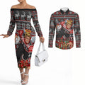 Personalized St Kilda Football Christmas Couples Matching Off The Shoulder Long Sleeve Dress and Long Sleeve Button Shirt Australian Football Mascot - Ugly Xmas Pattern Festive