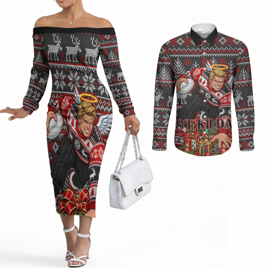 Personalized St Kilda Football Christmas Couples Matching Off The Shoulder Long Sleeve Dress and Long Sleeve Button Shirt Australian Football Mascot - Ugly Xmas Pattern Festive