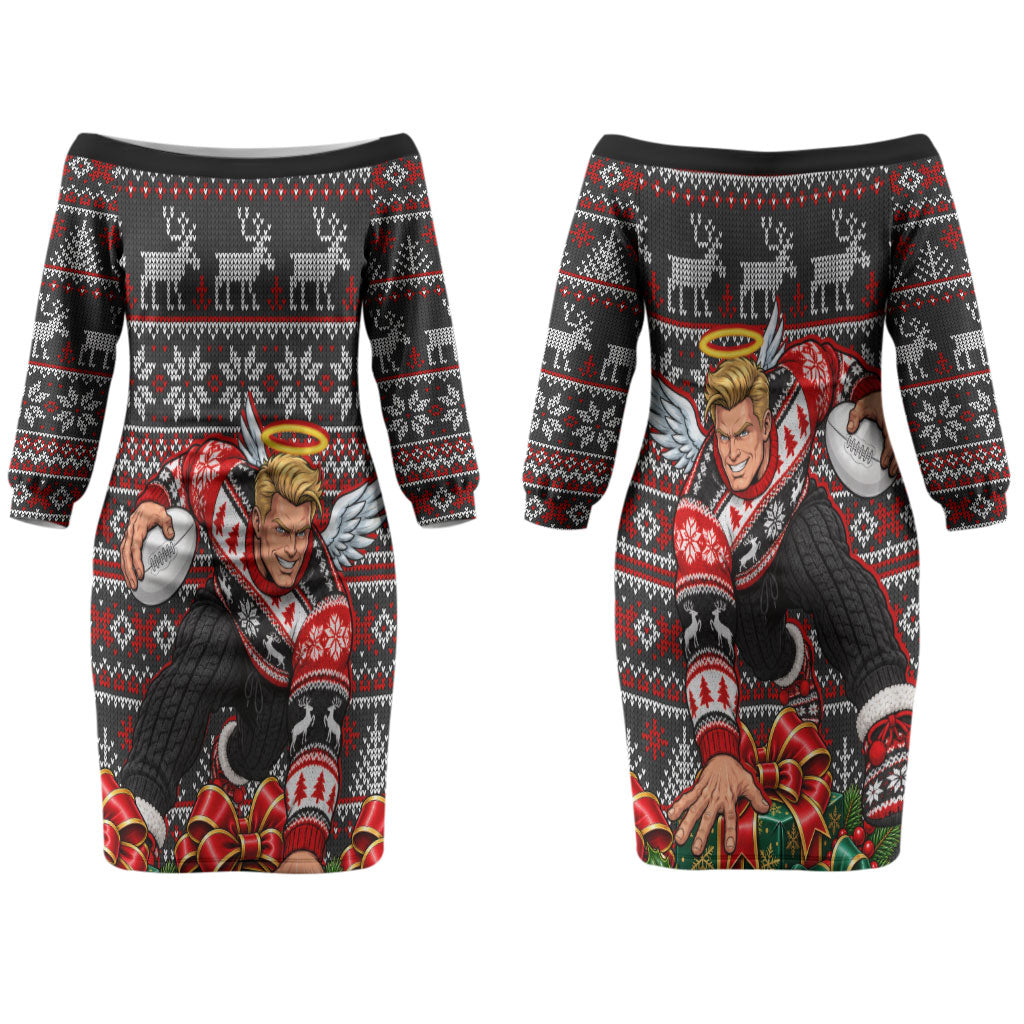 Personalized St Kilda Football Christmas Couples Matching Off The Shoulder Long Sleeve Dress and Long Sleeve Button Shirt Australian Football Mascot - Ugly Xmas Pattern Festive