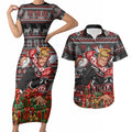 Personalized St Kilda Football Christmas Couples Matching Short Sleeve Bodycon Dress and Hawaiian Shirt Australian Football Mascot - Ugly Xmas Pattern Festive