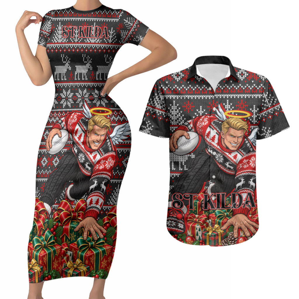 Personalized St Kilda Football Christmas Couples Matching Short Sleeve Bodycon Dress and Hawaiian Shirt Australian Football Mascot - Ugly Xmas Pattern Festive