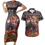 Personalized St Kilda Football Christmas Couples Matching Short Sleeve Bodycon Dress and Hawaiian Shirt Australian Football Mascot - Ugly Xmas Pattern Festive