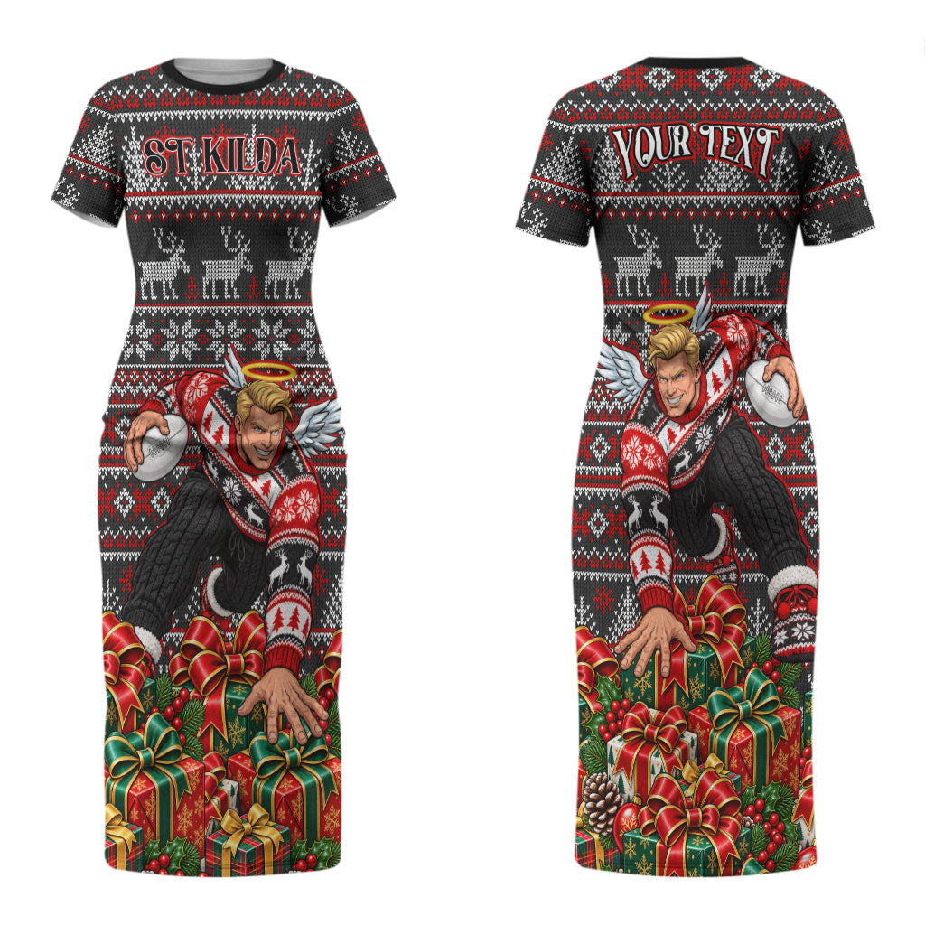 Personalized St Kilda Football Christmas Couples Matching Short Sleeve Bodycon Dress and Hawaiian Shirt Australian Football Mascot - Ugly Xmas Pattern Festive