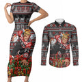 Personalized St Kilda Football Christmas Couples Matching Short Sleeve Bodycon Dress and Long Sleeve Button Shirt Australian Football Mascot - Ugly Xmas Pattern Festive