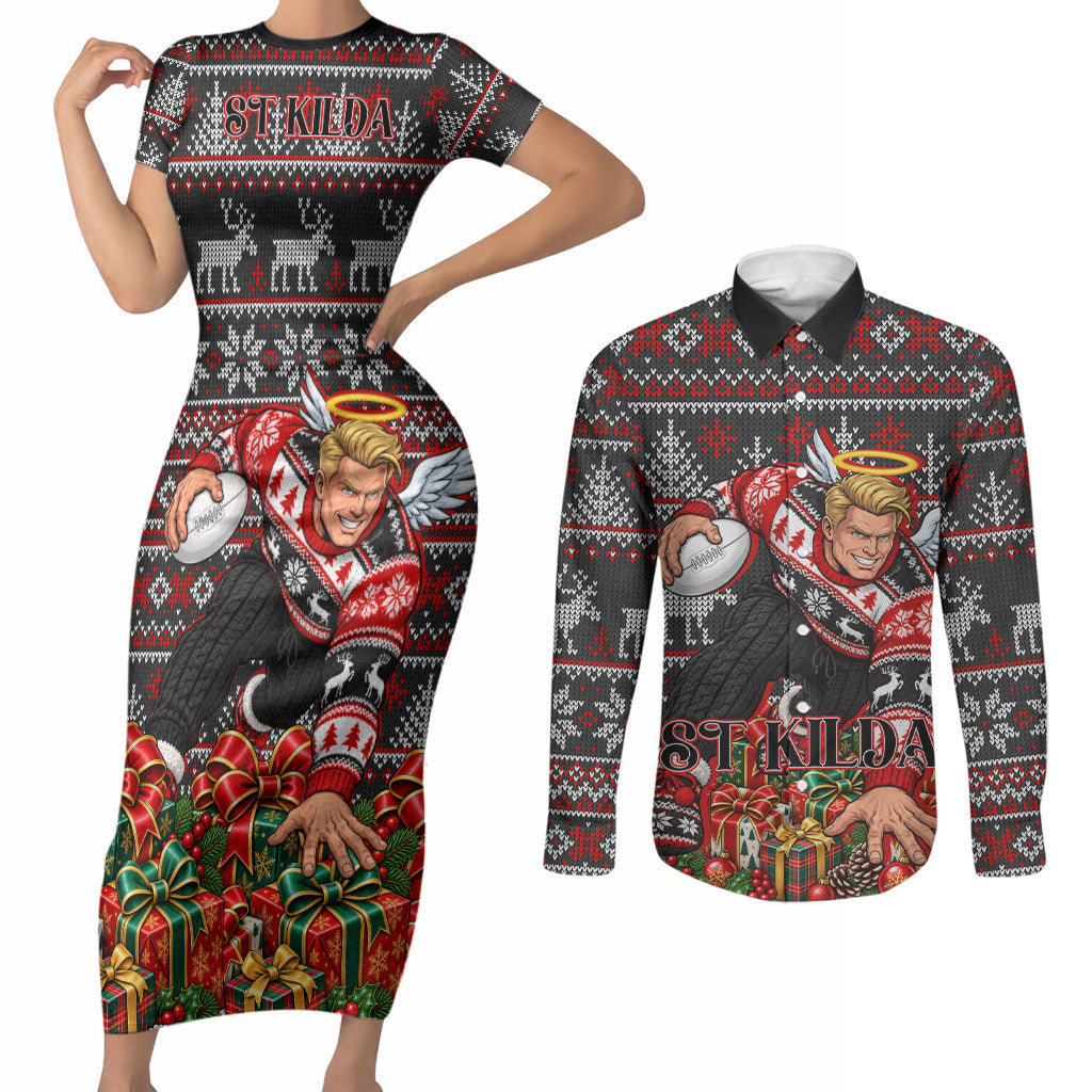Personalized St Kilda Football Christmas Couples Matching Short Sleeve Bodycon Dress and Long Sleeve Button Shirt Australian Football Mascot - Ugly Xmas Pattern Festive