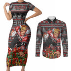 Personalized St Kilda Football Christmas Couples Matching Short Sleeve Bodycon Dress and Long Sleeve Button Shirt Australian Football Mascot - Ugly Xmas Pattern Festive