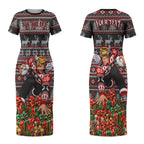 Personalized St Kilda Football Christmas Couples Matching Short Sleeve Bodycon Dress and Long Sleeve Button Shirt Australian Football Mascot - Ugly Xmas Pattern Festive