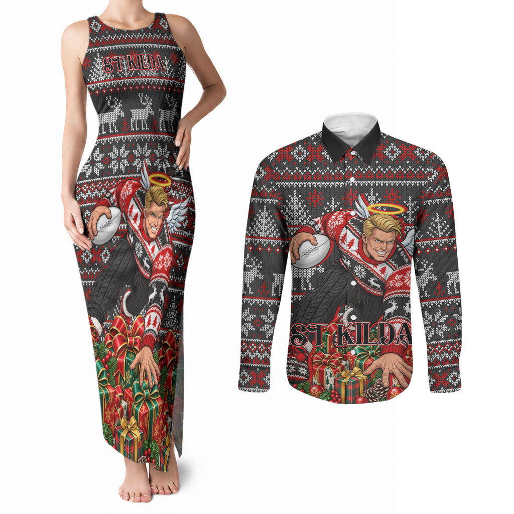 Personalized St Kilda Football Christmas Couples Matching Tank Maxi Dress and Long Sleeve Button Shirt Australian Football Mascot - Ugly Xmas Pattern Festive