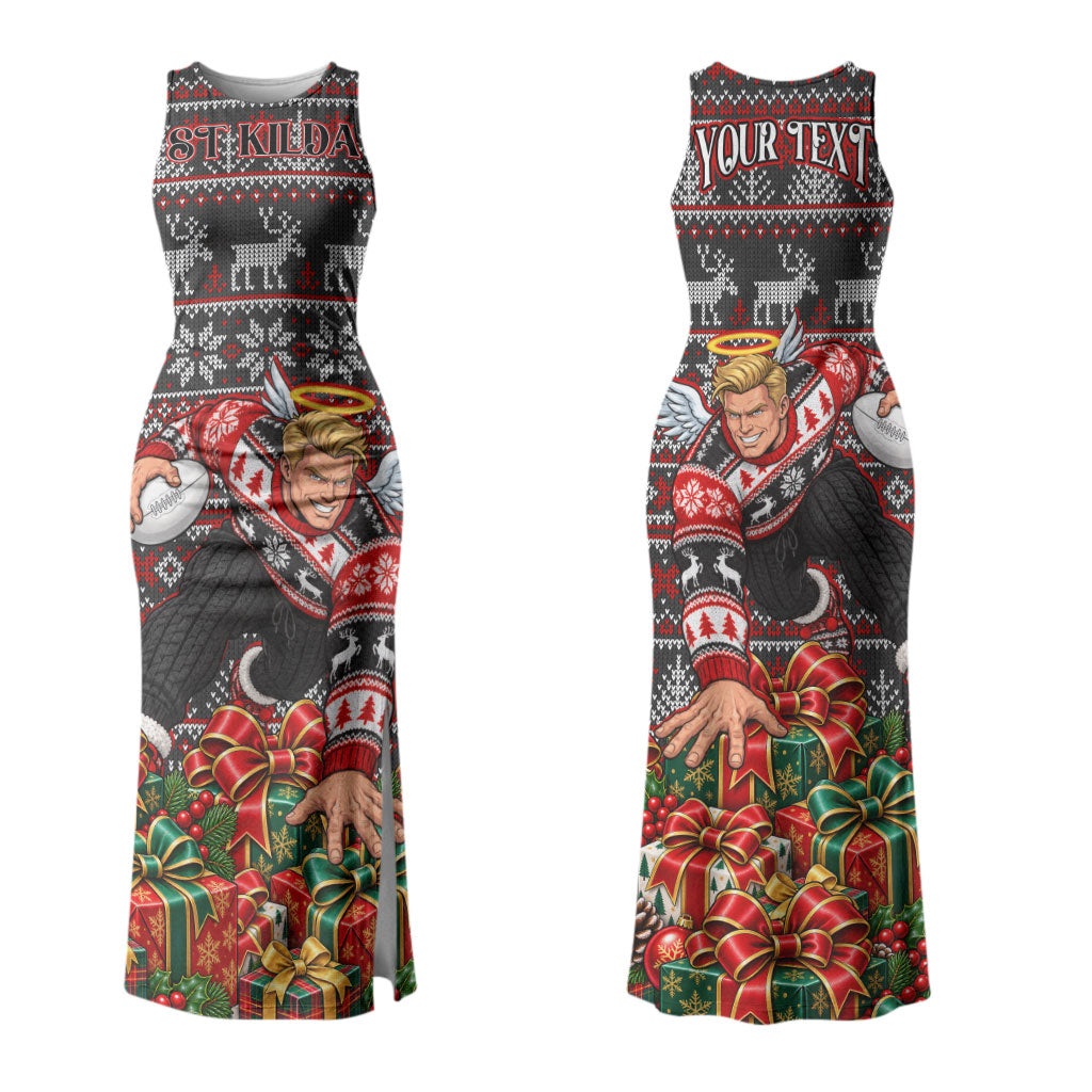 Personalized St Kilda Football Christmas Couples Matching Tank Maxi Dress and Long Sleeve Button Shirt Australian Football Mascot - Ugly Xmas Pattern Festive