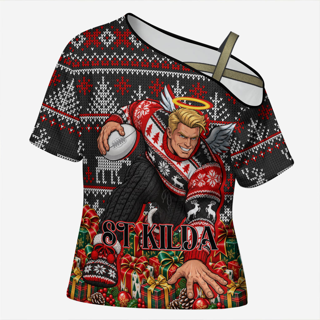 Personalized St Kilda Football Christmas Cross Shoulder Shirt Australian Football Mascot - Ugly Xmas Pattern Festive