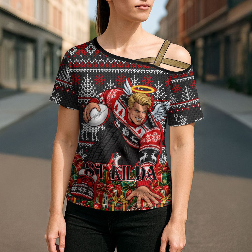 Personalized St Kilda Football Christmas Cross Shoulder Shirt Australian Football Mascot - Ugly Xmas Pattern Festive