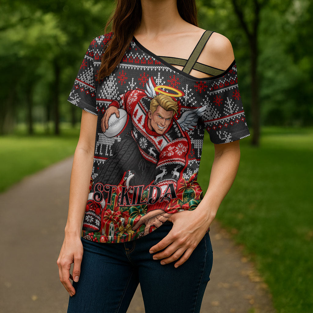 Personalized St Kilda Football Christmas Cross Shoulder Shirt Australian Football Mascot - Ugly Xmas Pattern Festive