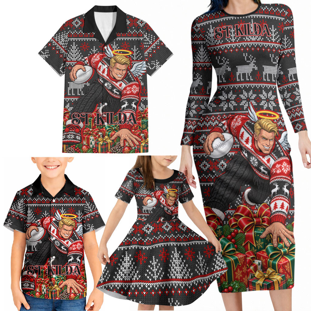 Personalized St Kilda Football Christmas Family Matching Long Sleeve Bodycon Dress and Hawaiian Shirt Australian Football Mascot - Ugly Xmas Pattern Festive