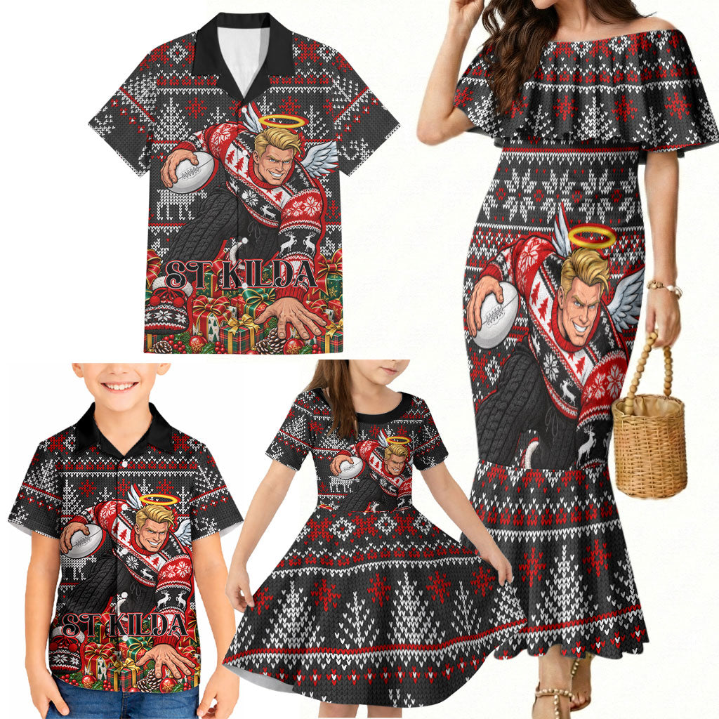 Personalized St Kilda Football Christmas Family Matching Mermaid Dress and Hawaiian Shirt Australian Football Mascot - Ugly Xmas Pattern Festive