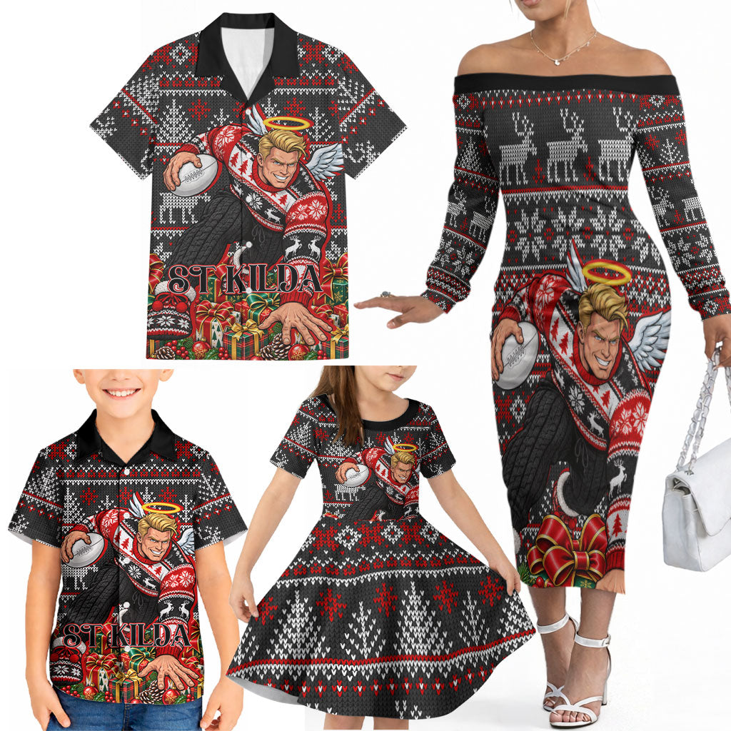 Personalized St Kilda Football Christmas Family Matching Off The Shoulder Long Sleeve Dress and Hawaiian Shirt Australian Football Mascot - Ugly Xmas Pattern Festive