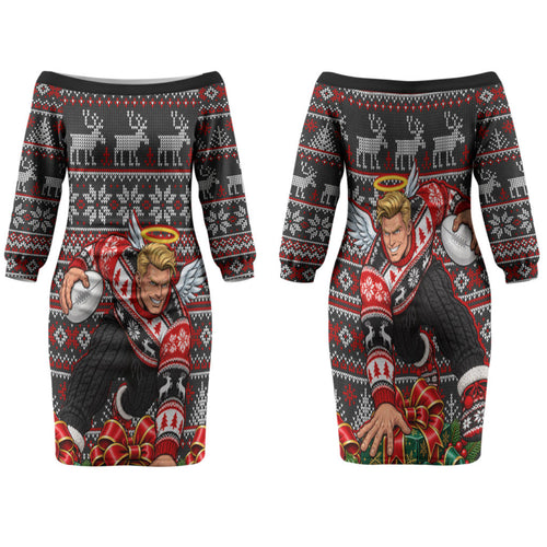 Personalized St Kilda Football Christmas Family Matching Off The Shoulder Long Sleeve Dress and Hawaiian Shirt Australian Football Mascot - Ugly Xmas Pattern Festive