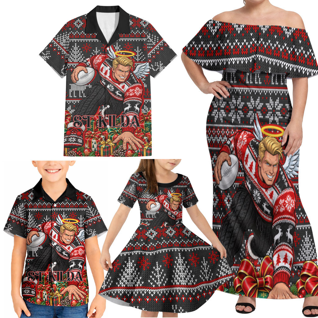 Personalized St Kilda Football Christmas Family Matching Off Shoulder Maxi Dress and Hawaiian Shirt Australian Football Mascot - Ugly Xmas Pattern Festive
