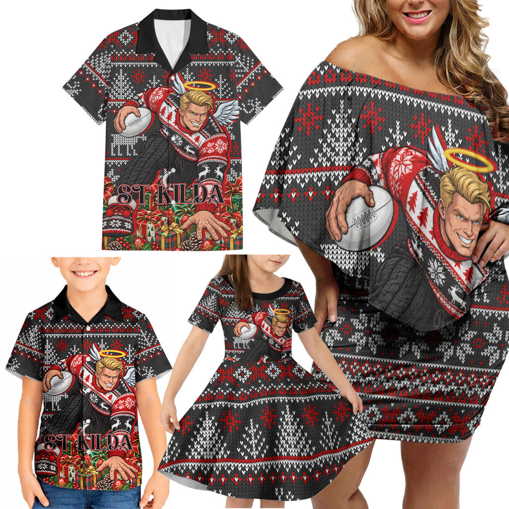 Personalized St Kilda Football Christmas Family Matching Off Shoulder Short Dress and Hawaiian Shirt Australian Football Mascot - Ugly Xmas Pattern Festive