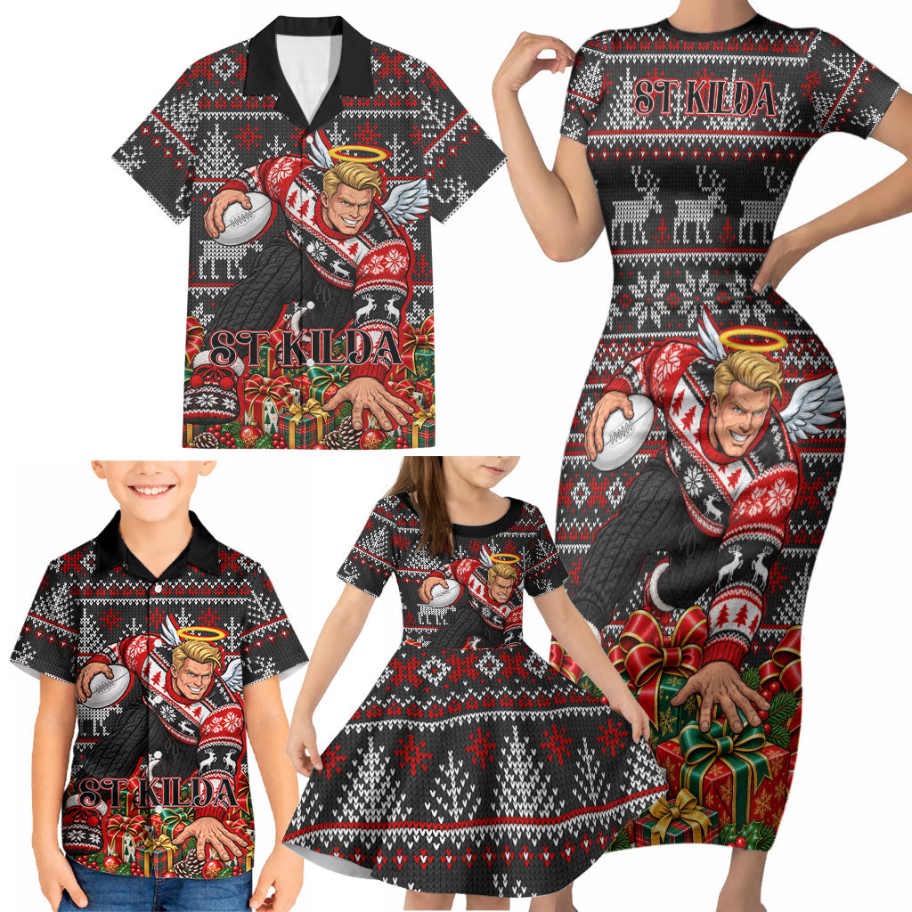 Personalized St Kilda Football Christmas Family Matching Short Sleeve Bodycon Dress and Hawaiian Shirt Australian Football Mascot - Ugly Xmas Pattern Festive