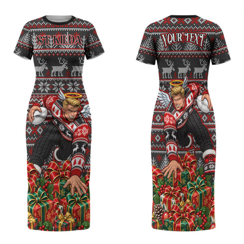 Personalized St Kilda Football Christmas Family Matching Short Sleeve Bodycon Dress and Hawaiian Shirt Australian Football Mascot - Ugly Xmas Pattern Festive