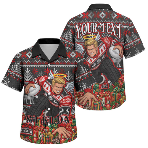 Personalized St Kilda Football Christmas Family Matching Short Sleeve Bodycon Dress and Hawaiian Shirt Australian Football Mascot - Ugly Xmas Pattern Festive