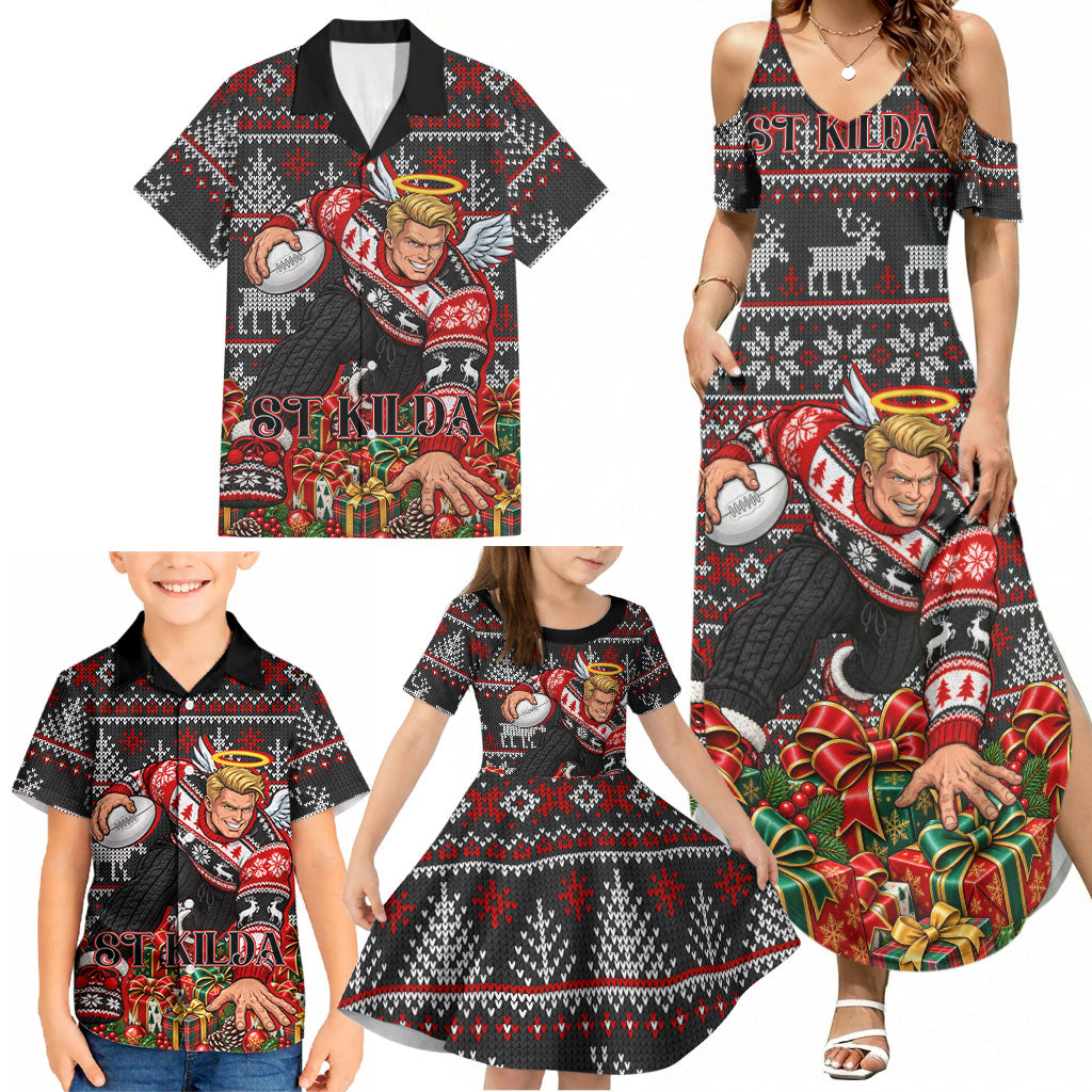 Personalized St Kilda Football Christmas Family Matching Summer Maxi Dress and Hawaiian Shirt Australian Football Mascot - Ugly Xmas Pattern Festive