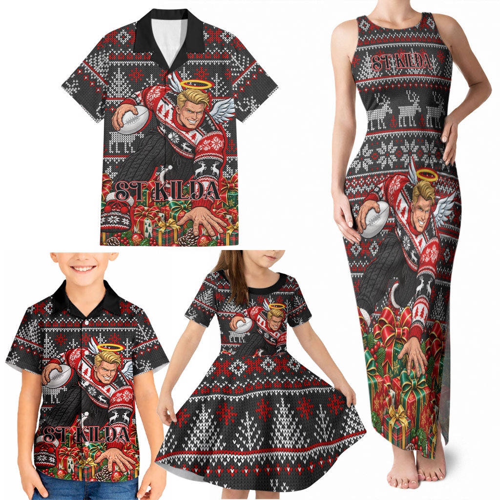 Personalized St Kilda Football Christmas Family Matching Tank Maxi Dress and Hawaiian Shirt Australian Football Mascot - Ugly Xmas Pattern Festive