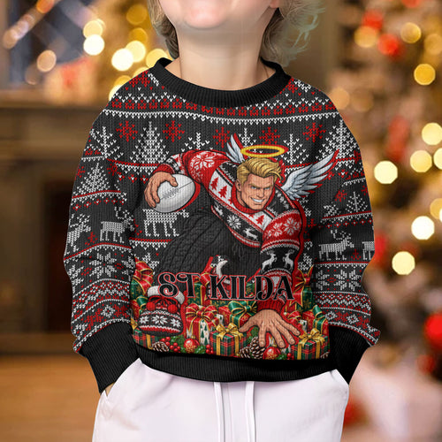 Personalized St Kilda Football Christmas Kid Ugly Christmas Sweater Australian Football Mascot - Ugly Xmas Pattern Festive