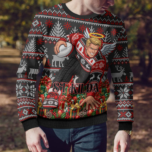 Personalized St Kilda Football Christmas Ugly Christmas Sweater Australian Football Mascot - Ugly Xmas Pattern Festive
