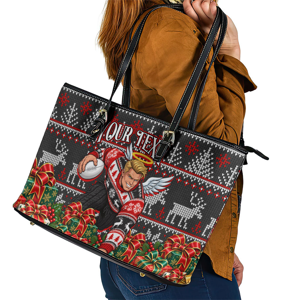 Personalized St Kilda Football Christmas Leather Tote Bag Australian Football Mascot - Ugly Xmas Pattern Festive