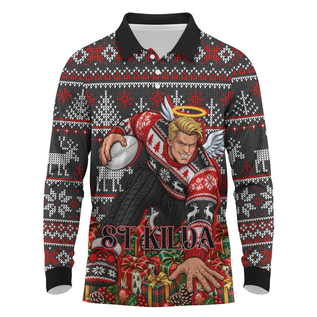 Personalized St Kilda Football Christmas Long Sleeve Polo Shirt Australian Football Mascot - Ugly Xmas Pattern Festive