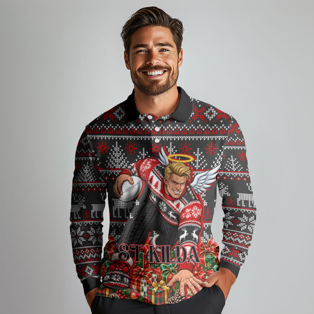 Personalized St Kilda Football Christmas Long Sleeve Polo Shirt Australian Football Mascot - Ugly Xmas Pattern Festive