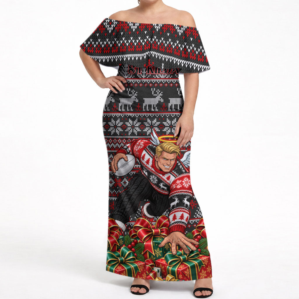 Personalized St Kilda Football Christmas Off Shoulder Maxi Dress Australian Football Mascot - Ugly Xmas Pattern Festive