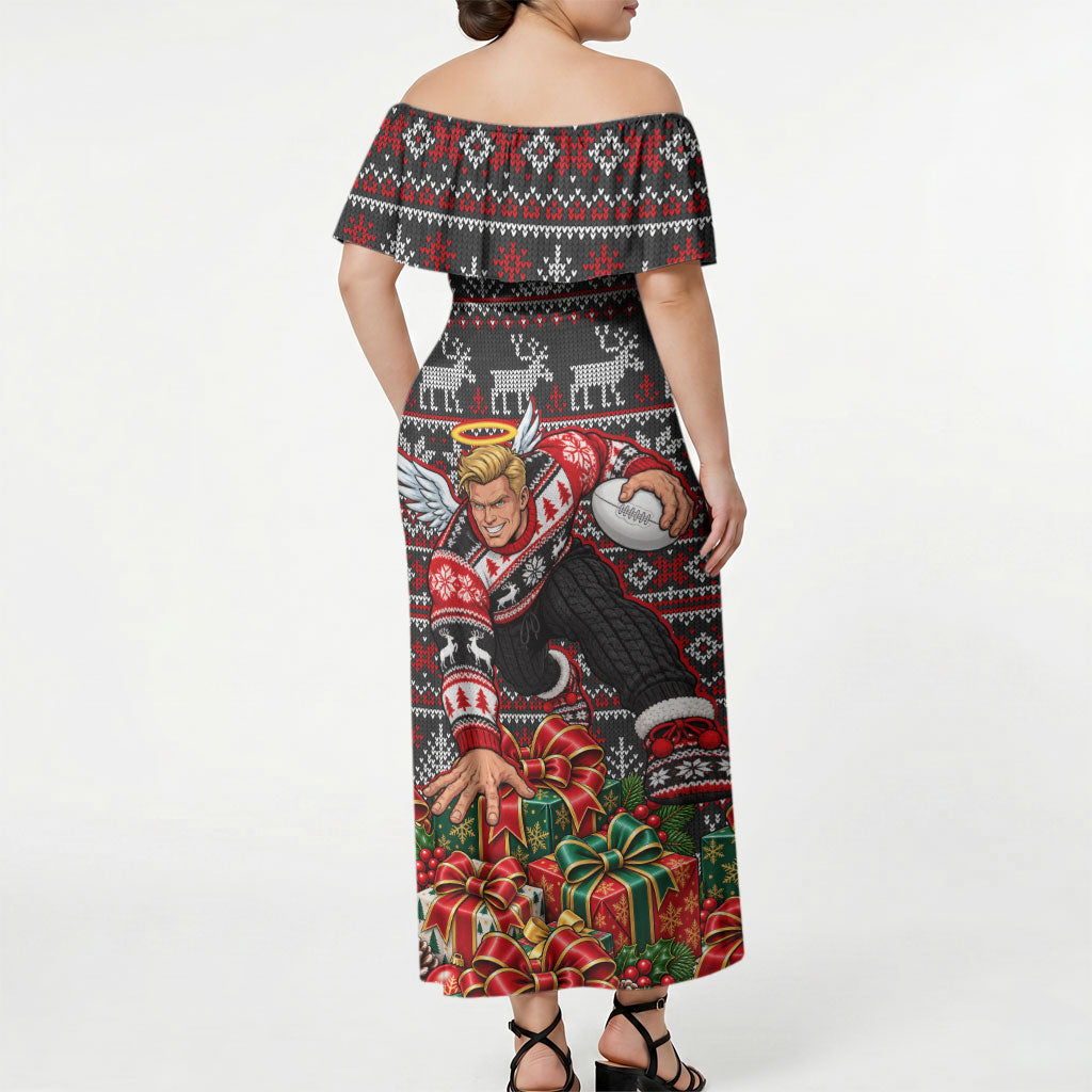 Personalized St Kilda Football Christmas Off Shoulder Maxi Dress Australian Football Mascot - Ugly Xmas Pattern Festive