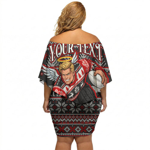 Personalized St Kilda Football Christmas Off Shoulder Short Dress Australian Football Mascot - Ugly Xmas Pattern Festive