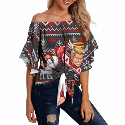 Personalized St Kilda Football Christmas Off Shoulder Wrap Waist Top Australian Football Mascot - Ugly Xmas Pattern Festive