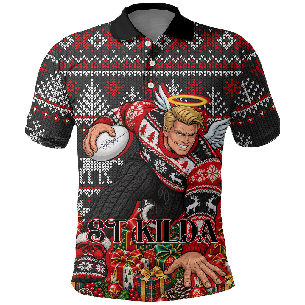 Personalized St Kilda Football Christmas Polo Shirt Australian Football Mascot - Ugly Xmas Pattern Festive