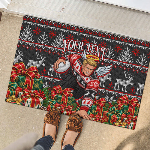 Personalized St Kilda Football Christmas Rubber Doormat Australian Football Mascot - Ugly Xmas Pattern Festive