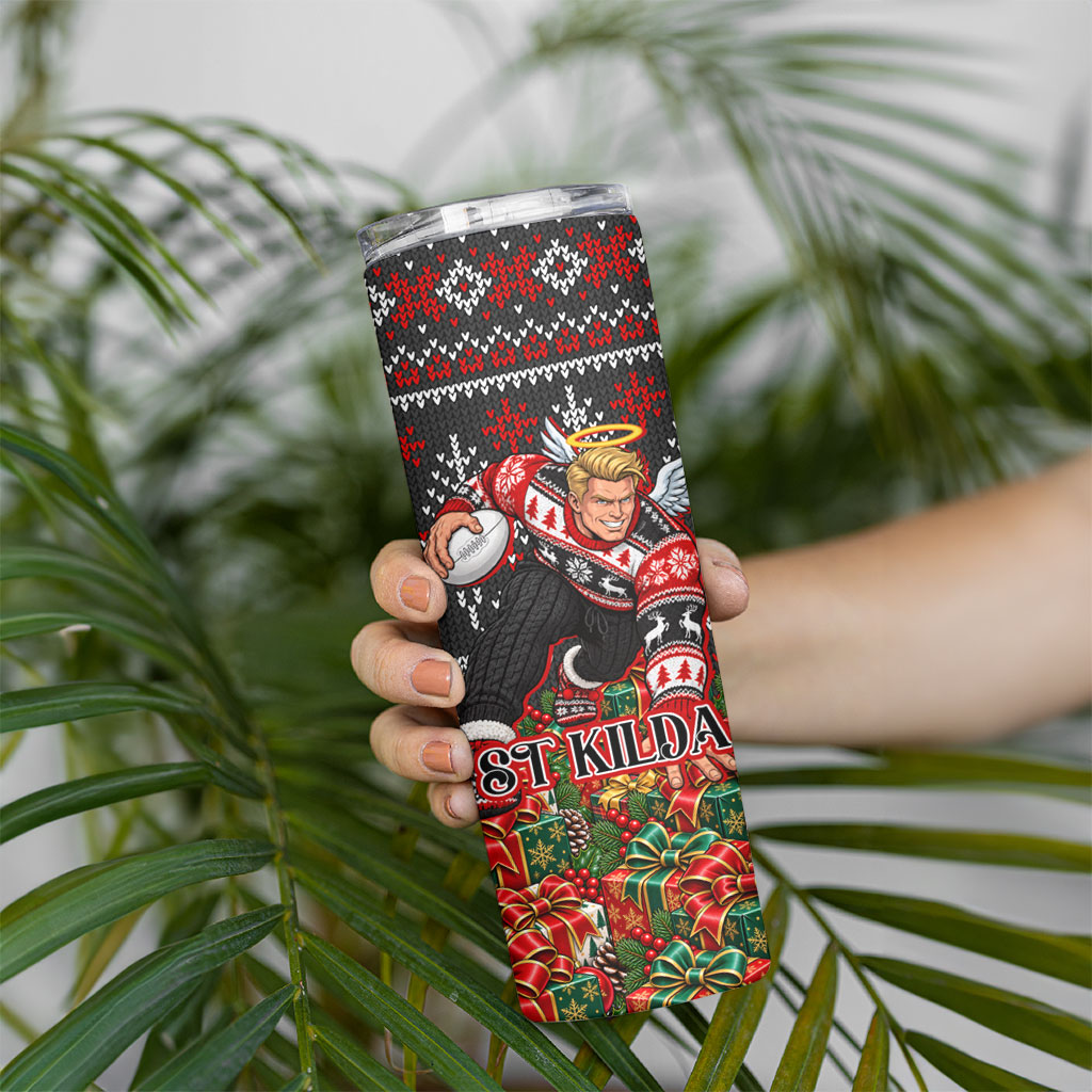 Personalized St Kilda Football Christmas Skinny Tumbler Australian Football Mascot - Ugly Xmas Pattern Festive