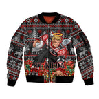 Personalized St Kilda Football Christmas Sleeve Zip Bomber Jacket Australian Football Mascot - Ugly Xmas Pattern Festive