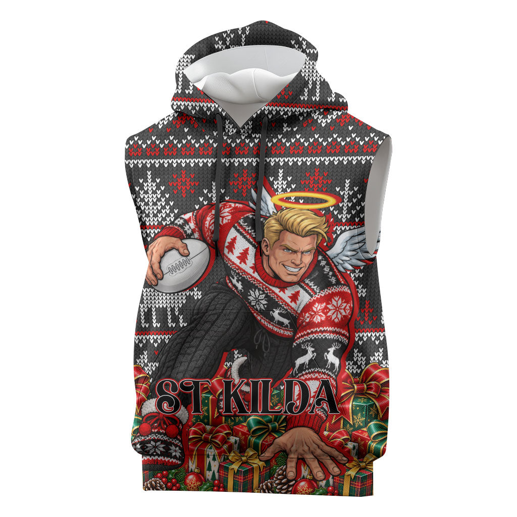 Personalized St Kilda Football Christmas Sleeveless Hoodie Australian Football Mascot - Ugly Xmas Pattern Festive