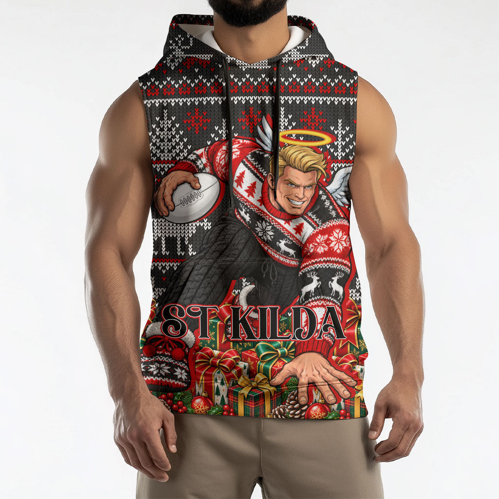 Personalized St Kilda Football Christmas Sleeveless Hoodie Australian Football Mascot - Ugly Xmas Pattern Festive