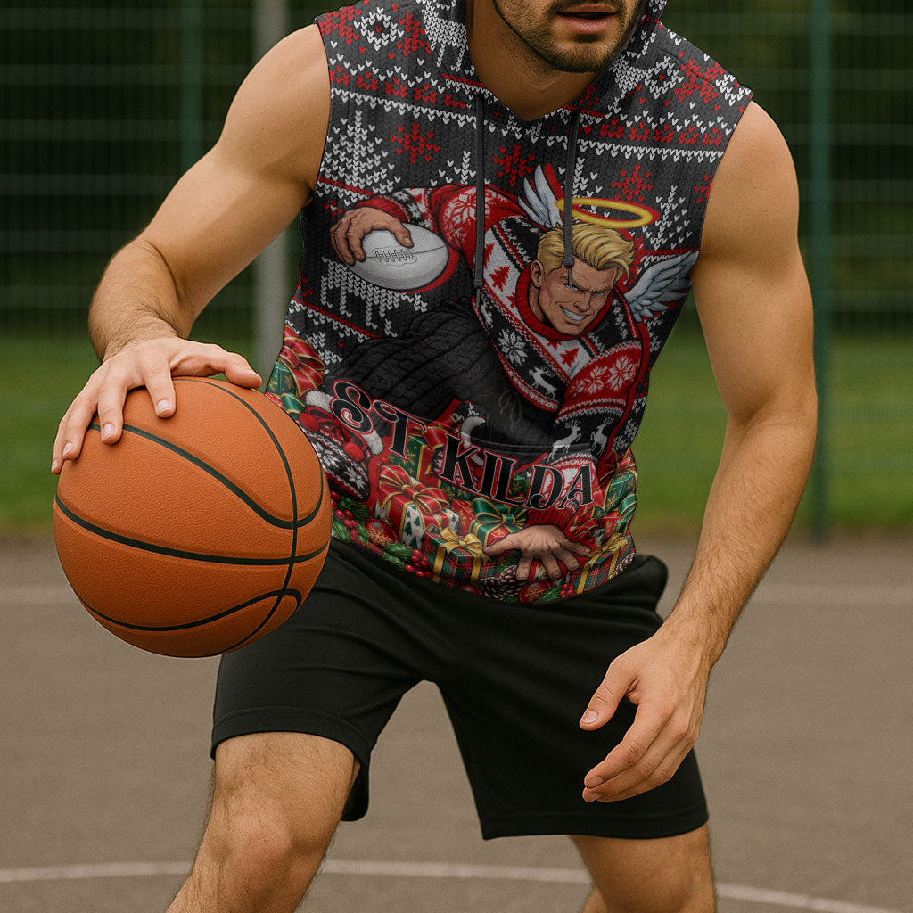 Personalized St Kilda Football Christmas Sleeveless Hoodie Australian Football Mascot - Ugly Xmas Pattern Festive