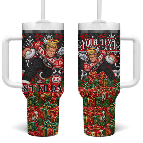 Personalized St Kilda Football Christmas Tumbler With Handle Australian Football Mascot - Ugly Xmas Pattern Festive