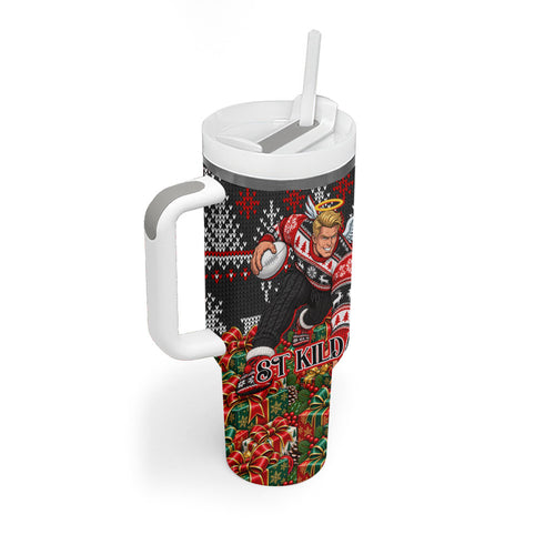 Personalized St Kilda Football Christmas Tumbler With Handle Australian Football Mascot - Ugly Xmas Pattern Festive