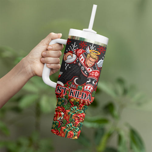 Personalized St Kilda Football Christmas Tumbler With Handle Australian Football Mascot - Ugly Xmas Pattern Festive