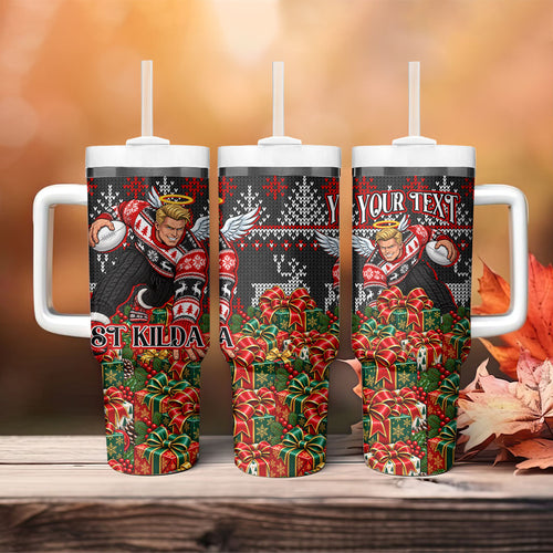 Personalized St Kilda Football Christmas Tumbler With Handle Australian Football Mascot - Ugly Xmas Pattern Festive