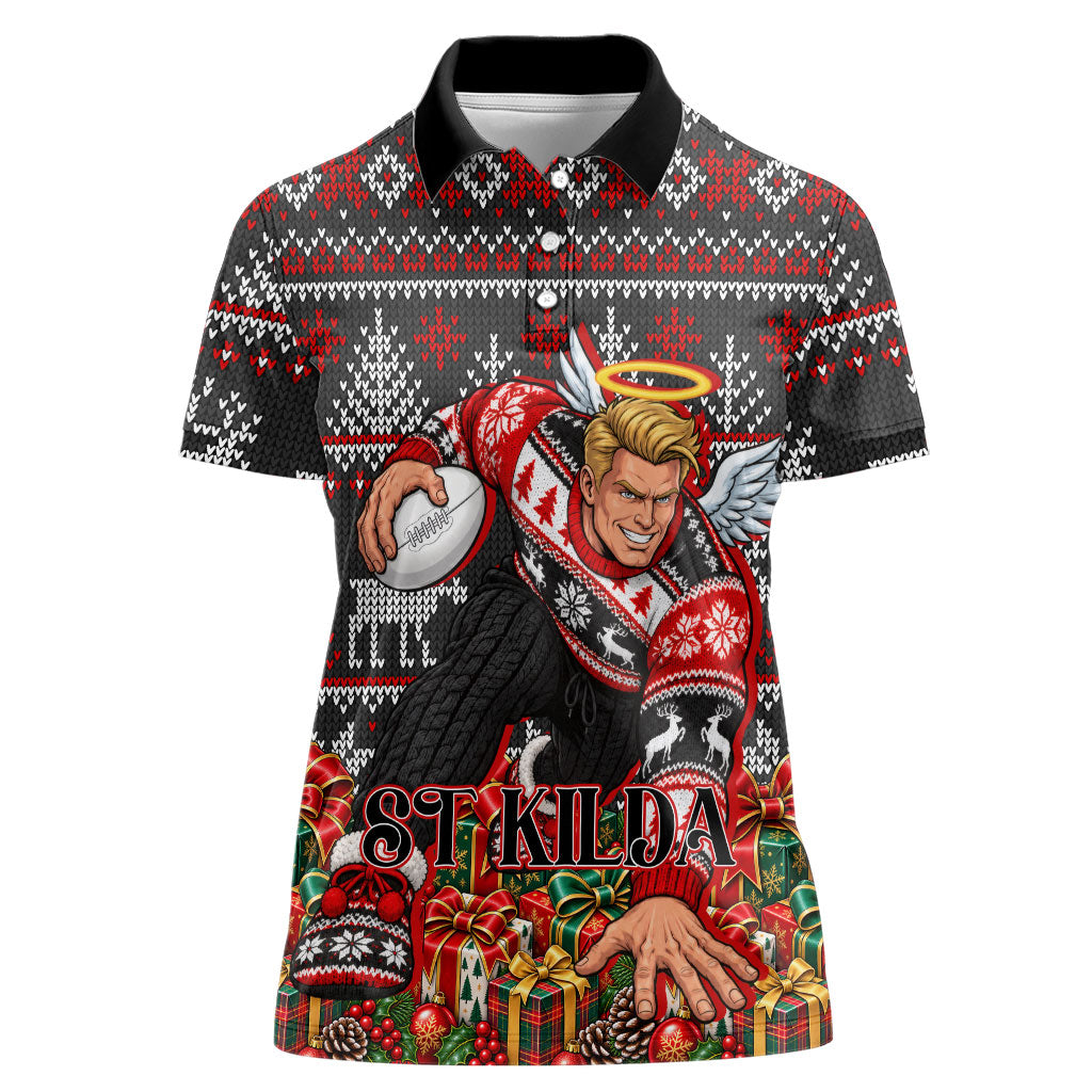 Personalized St Kilda Football Christmas Women Polo Shirt Australian Football Mascot - Ugly Xmas Pattern Festive